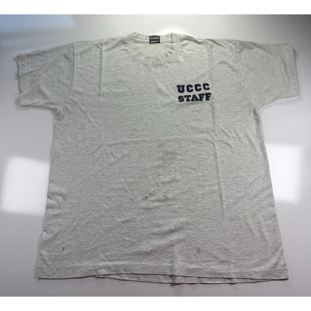Vintage 90s Fruit of the Loom XL UCCC Staff T-Shirt Single Stitch Gray USA